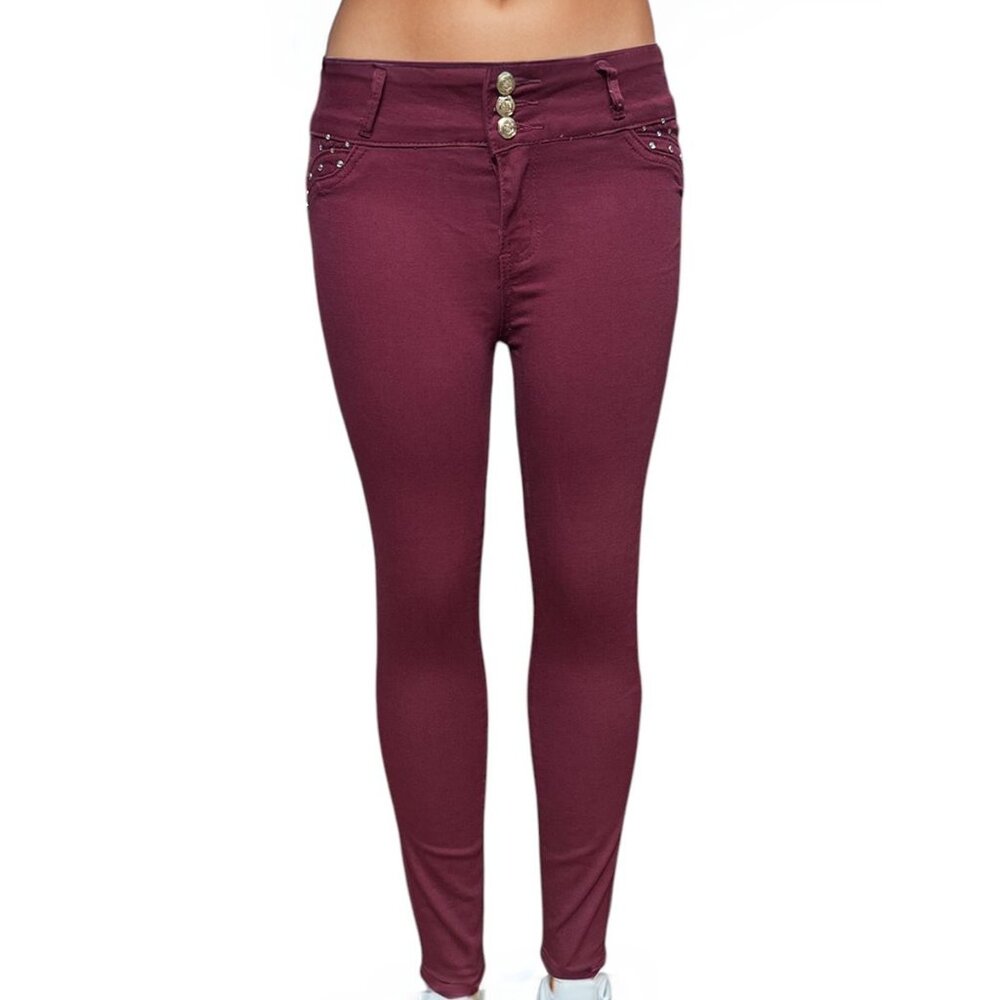 Women's High-Waist Colombian Skinny Jeans with Decorative Pocket Studs - Burgun